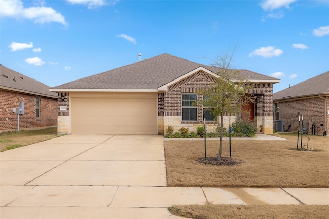 ranch-style home featuring a shingled roof, concrete driveway, a garage, cooling unit, and stone siding