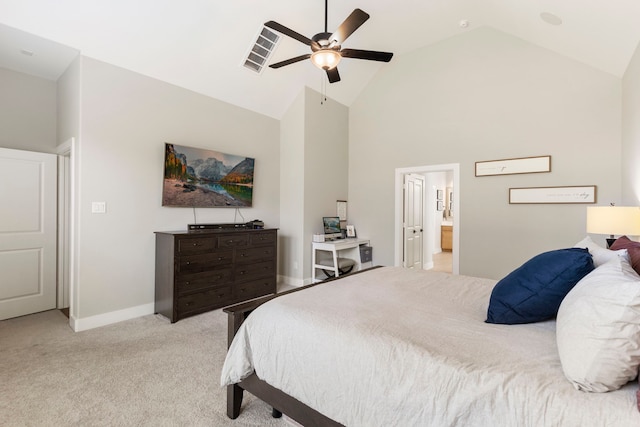 bedroom with visible vents, a ceiling fan, light carpet, high vaulted ceiling, and baseboards