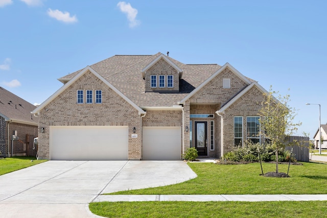 traditional home featuring a garage, a shingled roof, concrete driveway, a front lawn, and brick siding