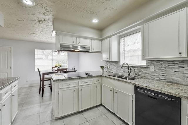 kitchen featuring white cabinets, a sink, under cabinet range hood, and black appliances