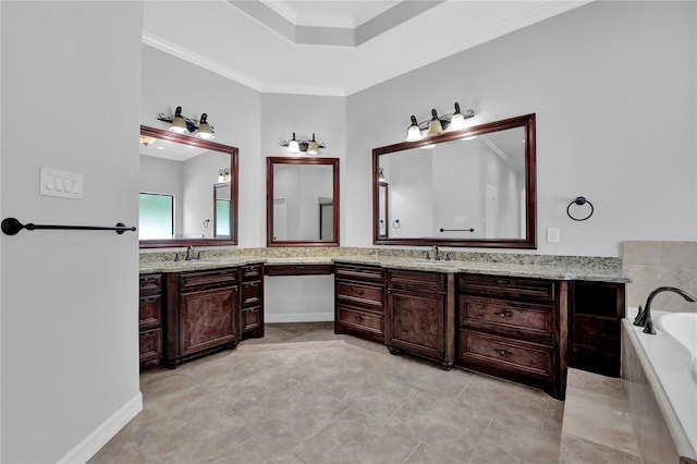 full bath with ornamental molding, tiled bath, a raised ceiling, and vanity