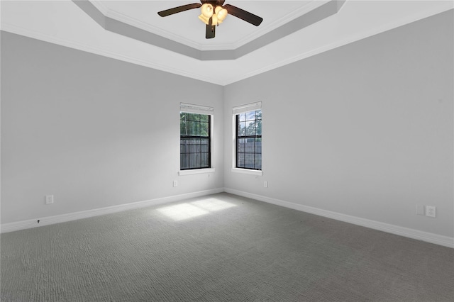 spare room with carpet, a raised ceiling, ornamental molding, a ceiling fan, and baseboards