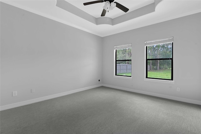 empty room with carpet flooring, a raised ceiling, a ceiling fan, and baseboards