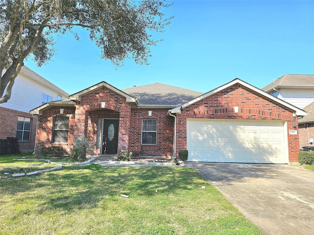 ranch-style house featuring a garage, concrete driveway, brick siding, and a front lawn