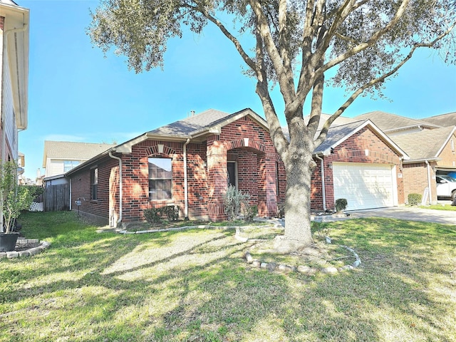 view of front of home with a garage, driveway, brick siding, and a front lawn