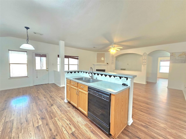 kitchen with visible vents, dishwasher, open floor plan, light wood-style floors, and a sink