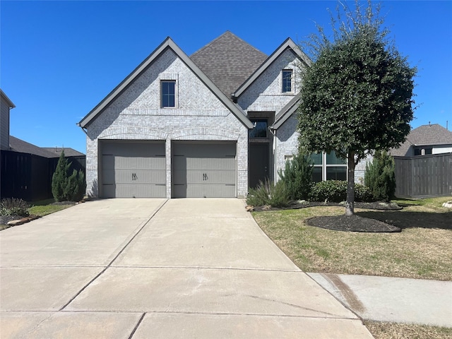 french provincial home with brick siding, roof with shingles, driveway, and fence