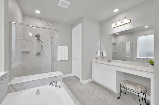 full bathroom with marble finish floor, visible vents, a shower stall, and vanity