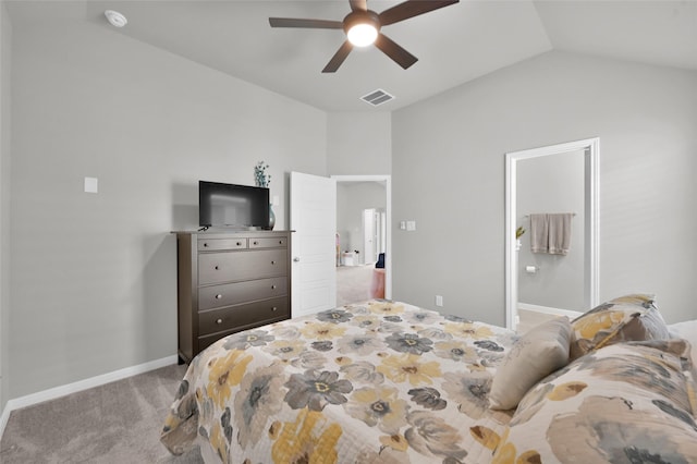 bedroom featuring carpet, visible vents, vaulted ceiling, ceiling fan, and baseboards