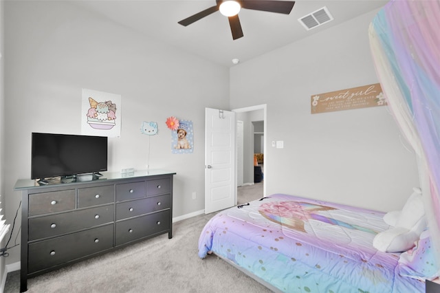 bedroom with a ceiling fan, baseboards, visible vents, and carpet flooring