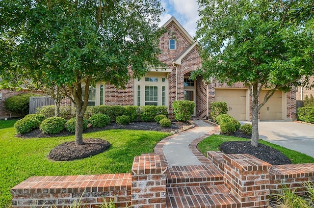 view of property hidden behind natural elements featuring brick siding, fence, a garage, driveway, and a front lawn