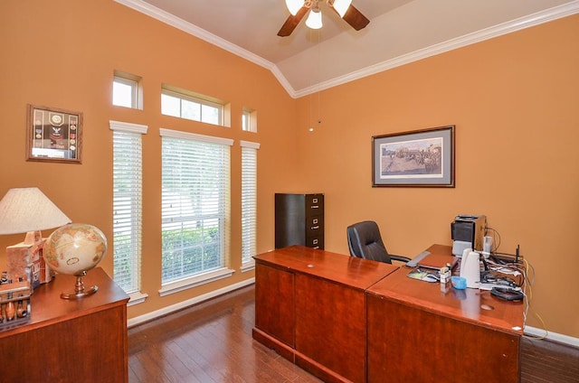 office with baseboards, dark wood finished floors, a ceiling fan, lofted ceiling, and crown molding