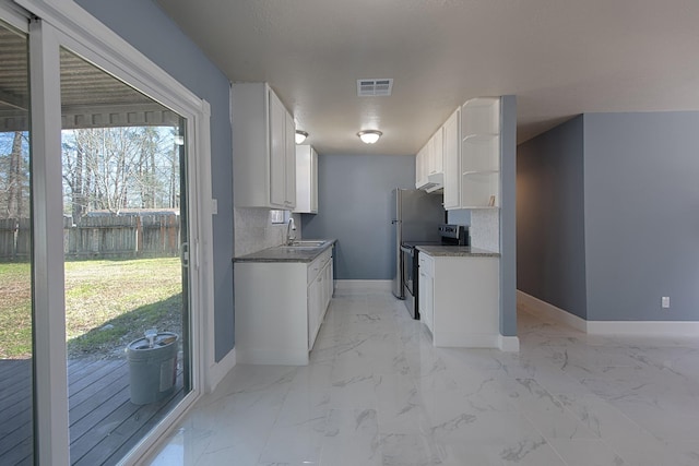 kitchen featuring electric range, visible vents, baseboards, marble finish floor, and open shelves