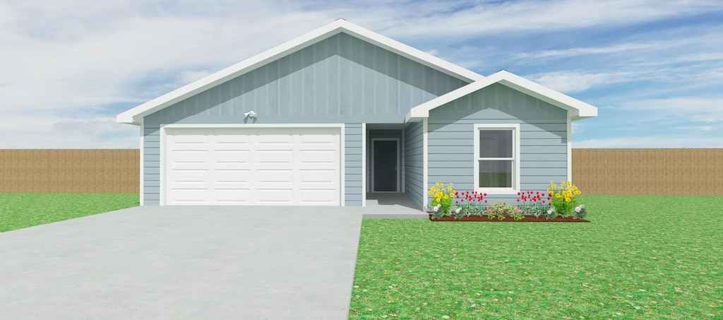 view of front of property featuring a front lawn, concrete driveway, fence, and an attached garage