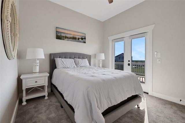 bedroom featuring access to exterior, french doors, dark carpet, ceiling fan, and baseboards