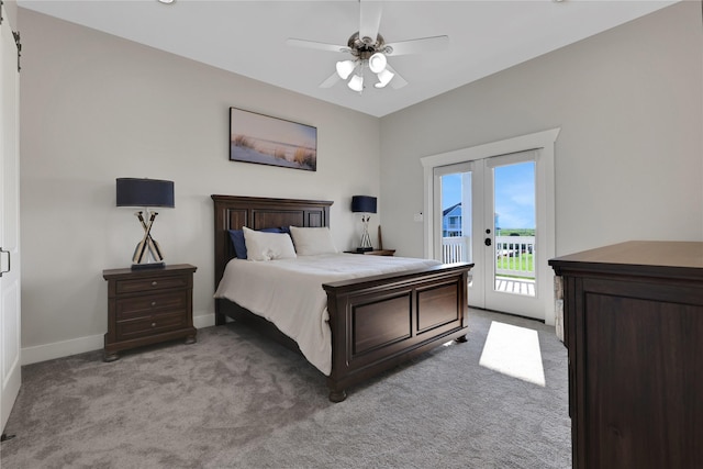 bedroom featuring french doors, light colored carpet, a ceiling fan, access to outside, and baseboards