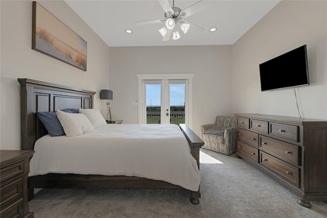 bedroom featuring access to exterior, recessed lighting, light colored carpet, and ceiling fan