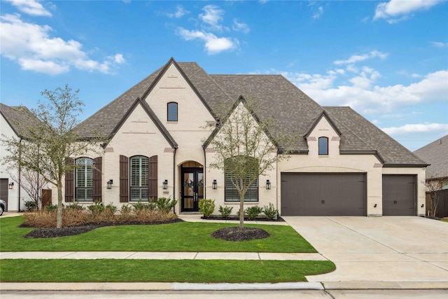 french provincial home featuring brick siding, roof with shingles, concrete driveway, a garage, and a front lawn