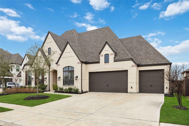 french provincial home with concrete driveway, a front lawn, a shingled roof, an attached garage, and brick siding