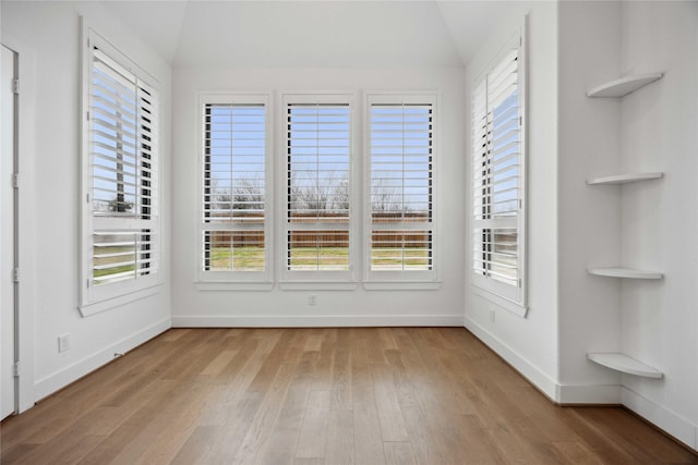 interior space with lofted ceiling, plenty of natural light, and wood finished floors