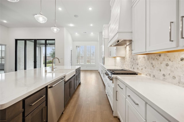kitchen with a sink, light wood-type flooring, white cabinetry, premium range hood, and appliances with stainless steel finishes