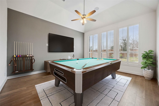 playroom featuring ceiling fan, baseboards, wood finished floors, and pool table