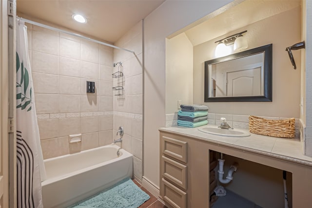 full bath featuring shower / bath combo and vanity