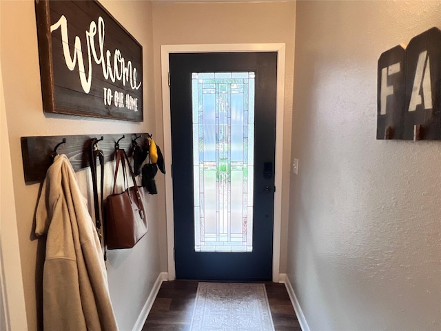 entryway featuring baseboards and wood finished floors