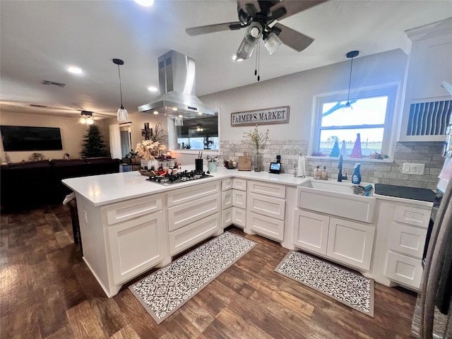 kitchen featuring visible vents, island exhaust hood, a sink, a peninsula, and stainless steel gas cooktop