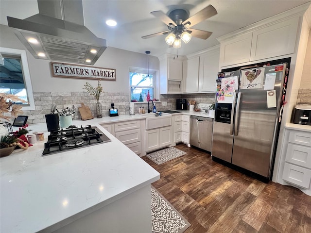 kitchen with a sink, dark wood finished floors, appliances with stainless steel finishes, white cabinets, and wall chimney range hood