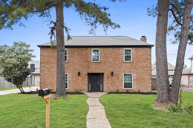 colonial home featuring a chimney, fence, a front lawn, and brick siding