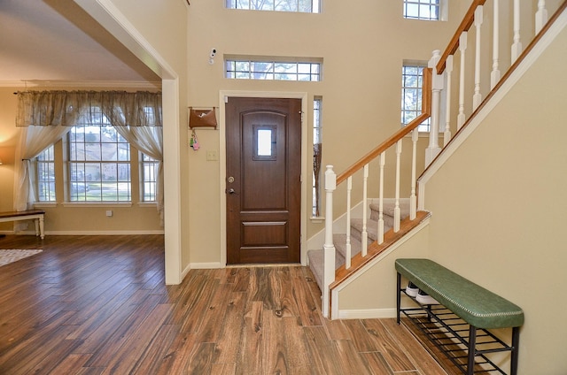 entrance foyer with dark wood-style floors, a healthy amount of sunlight, and baseboards