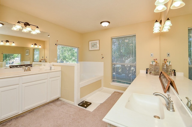 full bath with carpet flooring, a notable chandelier, vanity, and a bath