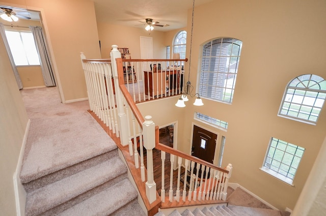 stairway with ceiling fan, carpet, a towering ceiling, and baseboards