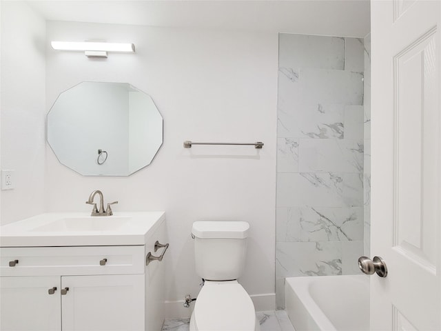 full bathroom featuring shower / bath combination, baseboards, toilet, marble finish floor, and vanity