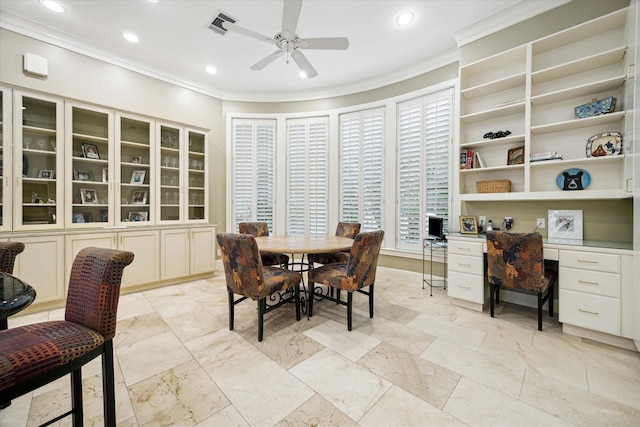 dining space featuring visible vents, a ceiling fan, built in study area, ornamental molding, and recessed lighting