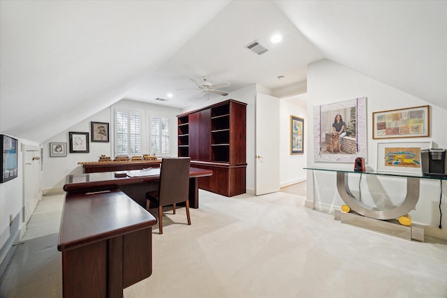 office area with light colored carpet, visible vents, vaulted ceiling, and recessed lighting