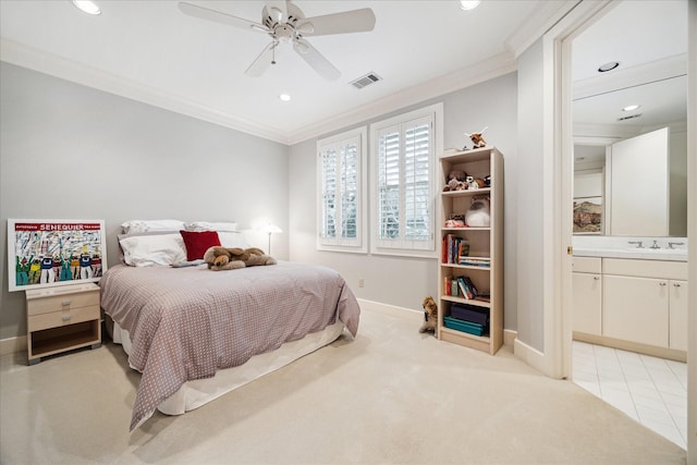 bedroom with baseboards, recessed lighting, visible vents, and crown molding