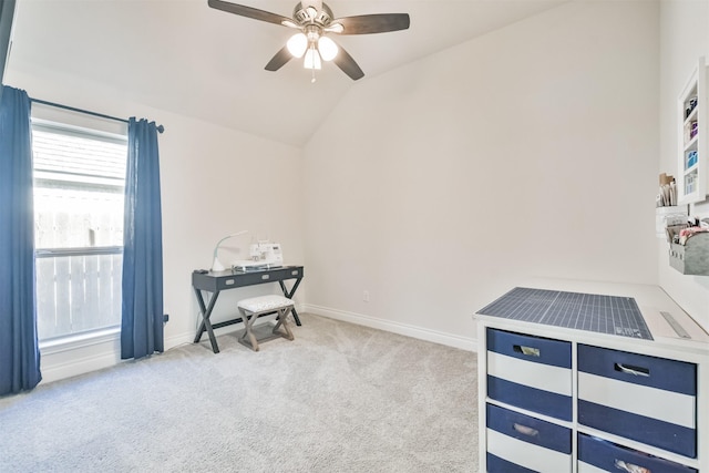 misc room featuring light carpet, baseboards, vaulted ceiling, and a ceiling fan