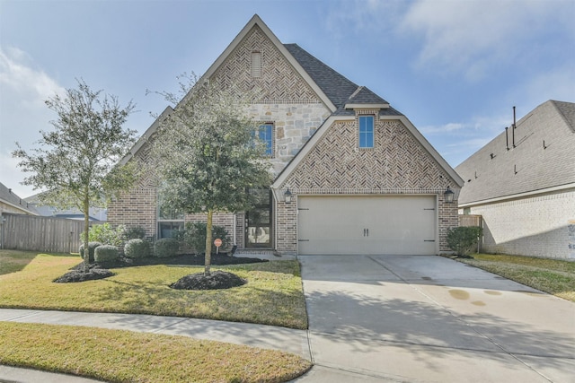 view of front of property with brick siding, fence, driveway, stone siding, and a front yard