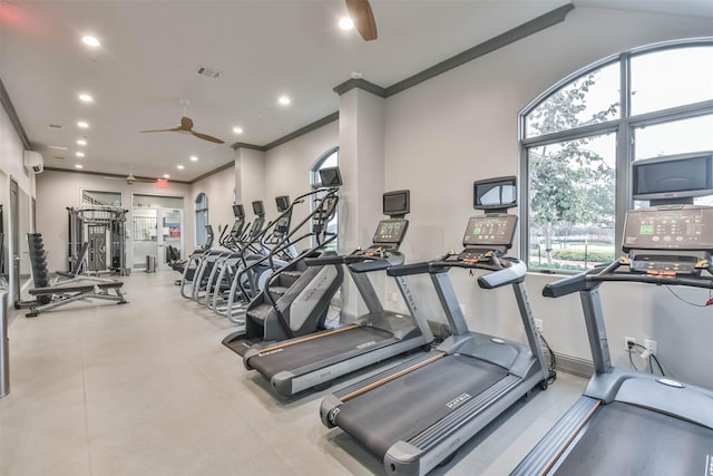 gym with recessed lighting, visible vents, ornamental molding, ceiling fan, and baseboards