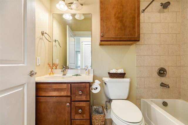 bathroom with toilet, vanity, and shower / bathtub combination