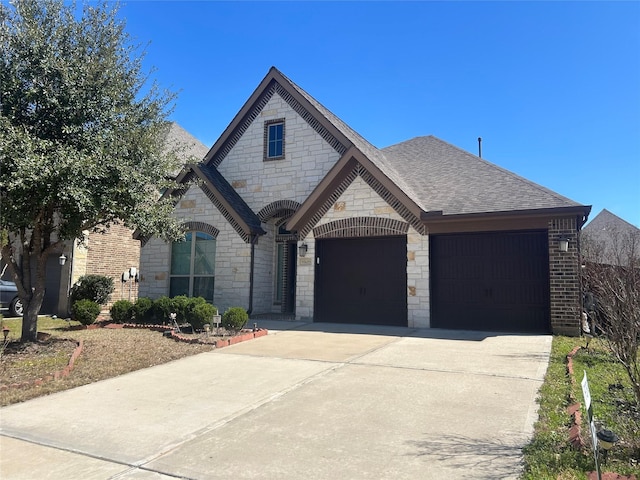 french provincial home with a garage, roof with shingles, driveway, and brick siding