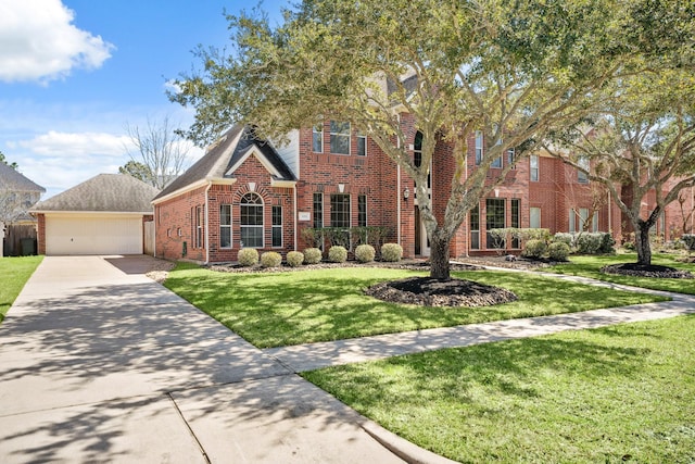 view of front of house with an outbuilding, brick siding, a front yard, a garage, and driveway