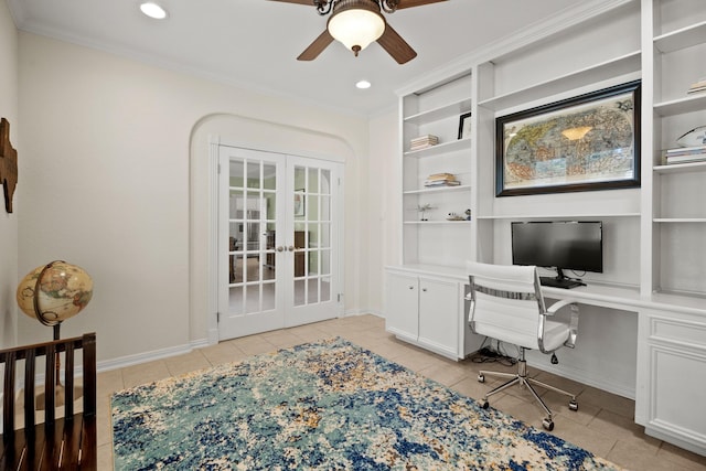 office area with recessed lighting, built in features, crown molding, and french doors