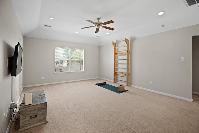 interior space with baseboards, visible vents, carpet flooring, and recessed lighting