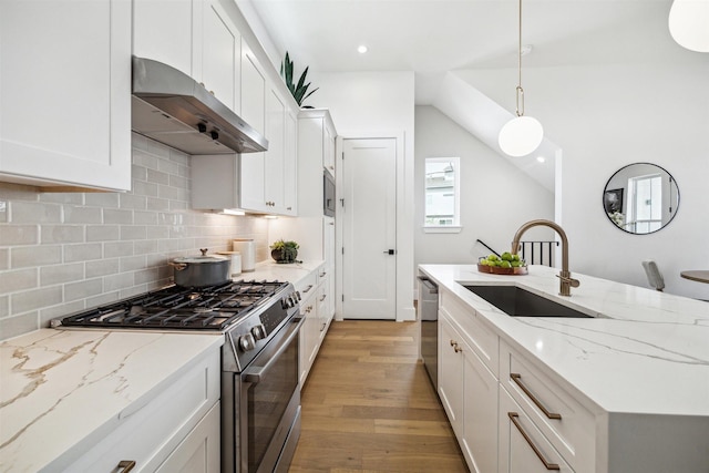 kitchen featuring white cabinets, stainless steel appliances, a sink, light wood-type flooring, and exhaust hood