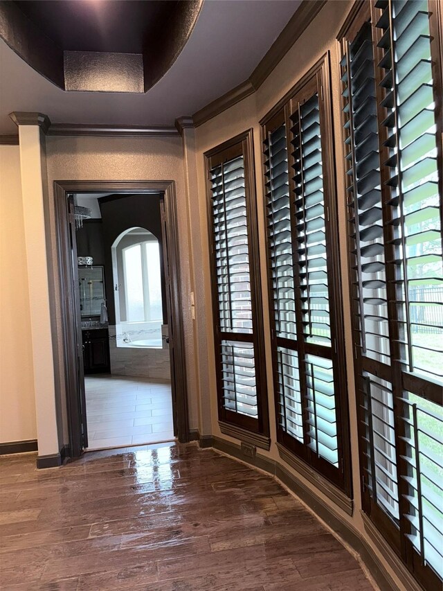 18931 Winding Atwood Ln, Tomball, TX 77377 - interior space featuring wood finished floors, a raised ceiling, and baseboards