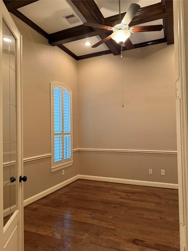 18931 Winding Atwood Ln, Tomball, TX 77377 - empty room featuring dark wood-style floors, coffered ceiling, visible vents, and baseboards