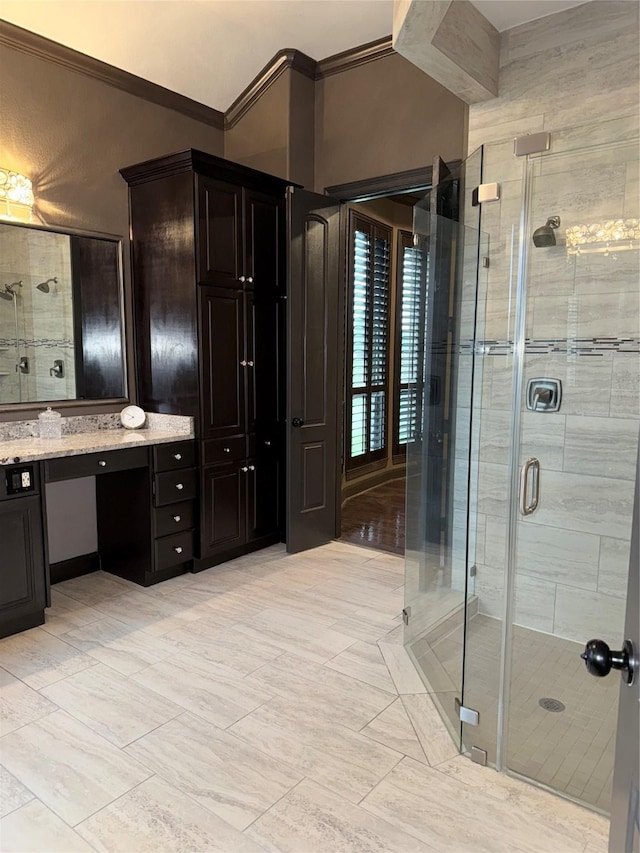 18931 Winding Atwood Ln, Tomball, TX 77377 - full bathroom with a shower stall, crown molding, and vanity